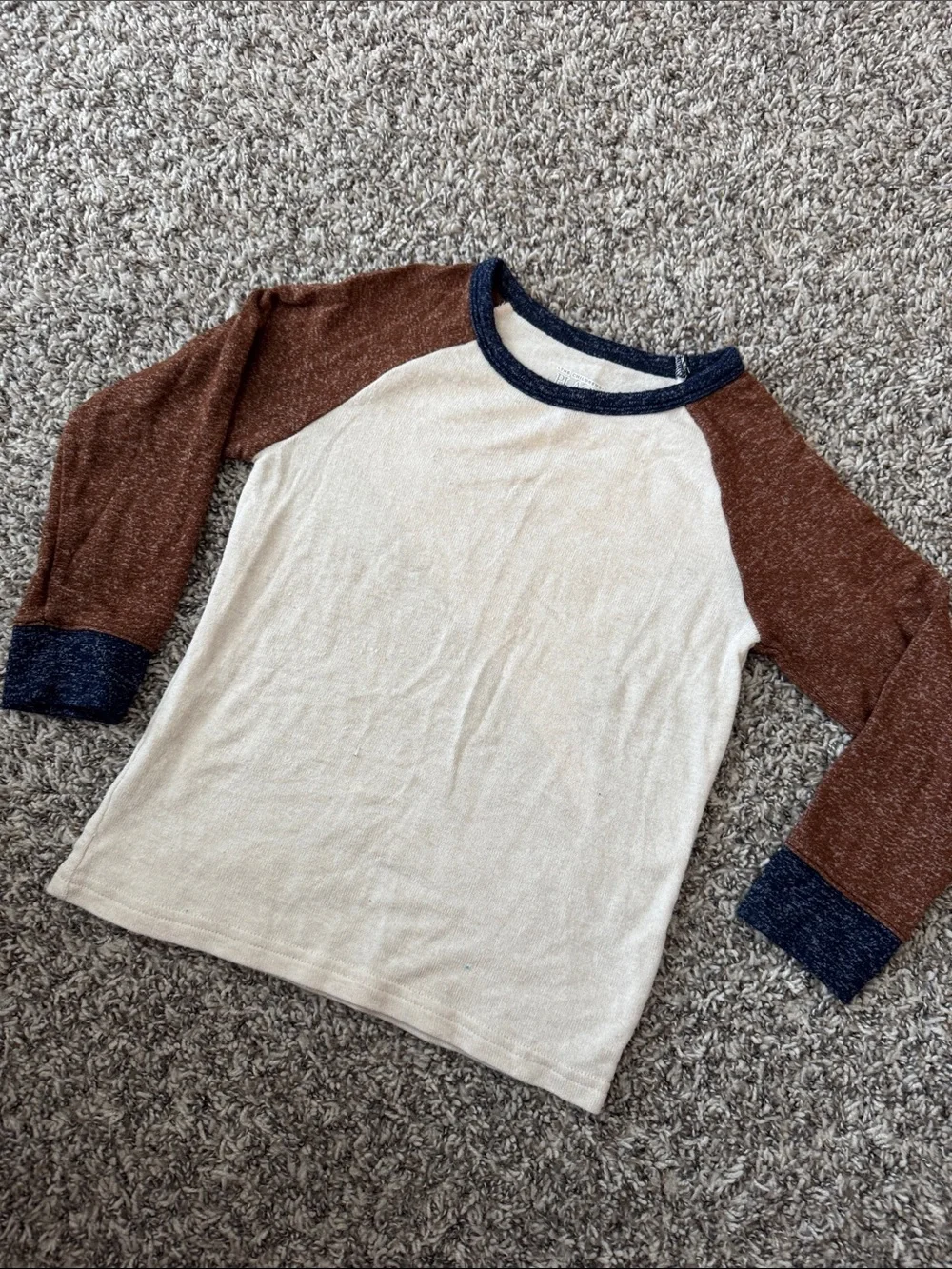 The Children's Place Cream Body Brown Raglan Long Sleeve Tee with Navy Trim